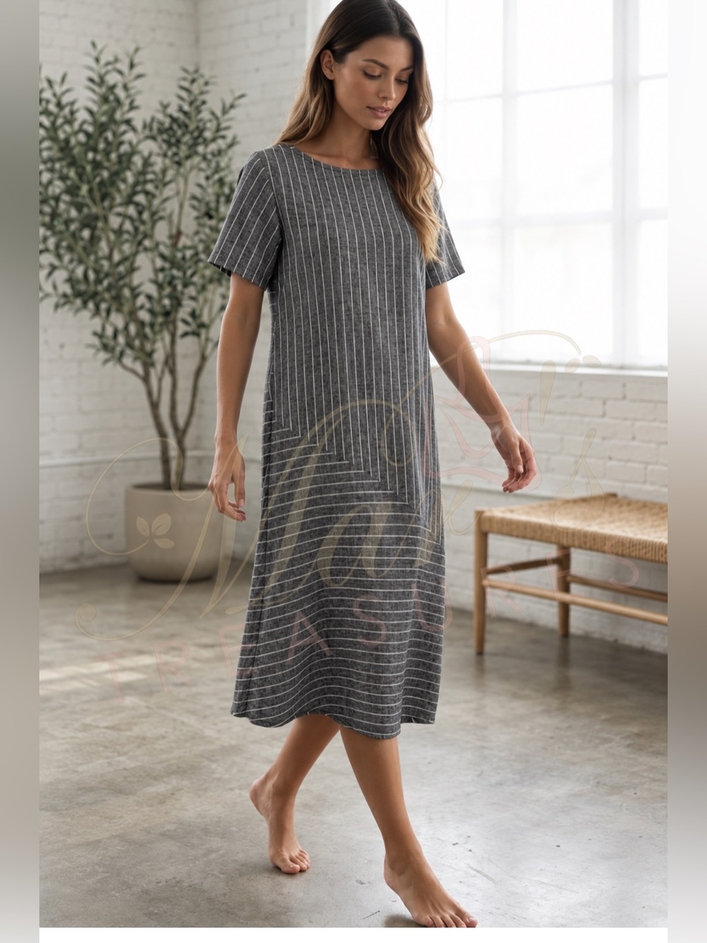Lisa Bayden Linen Blend Women's Assymetrical Grey Striped Midi Dress Sz M